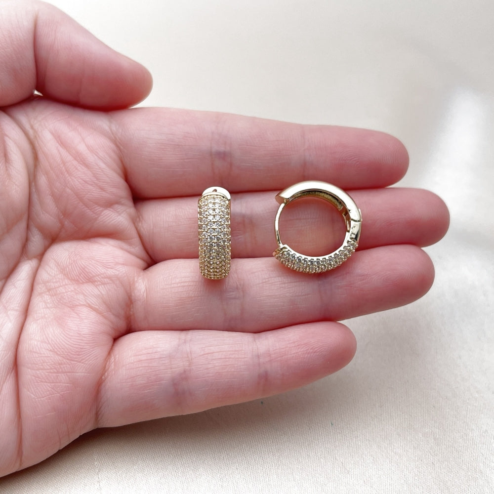 Oro Laminado Huggie Hoop, Gold Filled Style with White Micro Pave, Polished, Golden Finish
