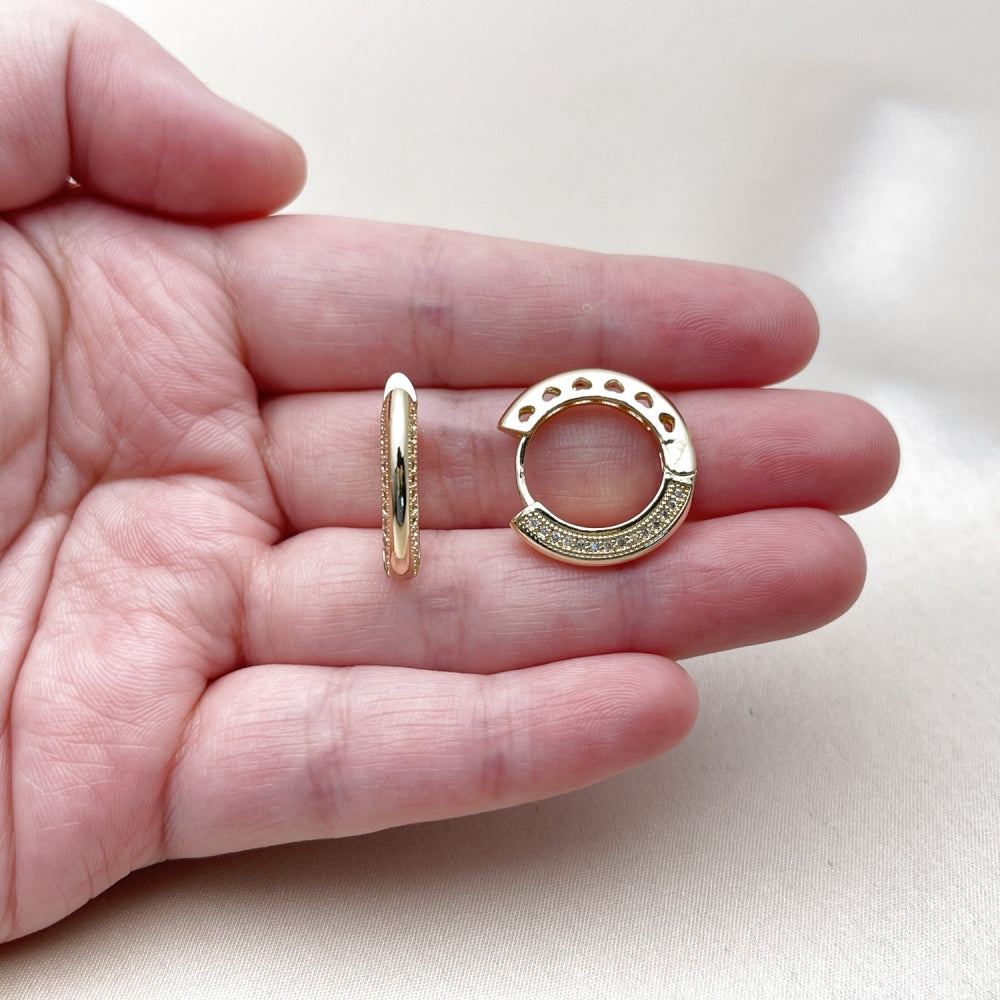 Oro Laminado Huggie Hoop, Gold Filled Style Heart Design, with White Micro Pave, Polished, Golden Finish