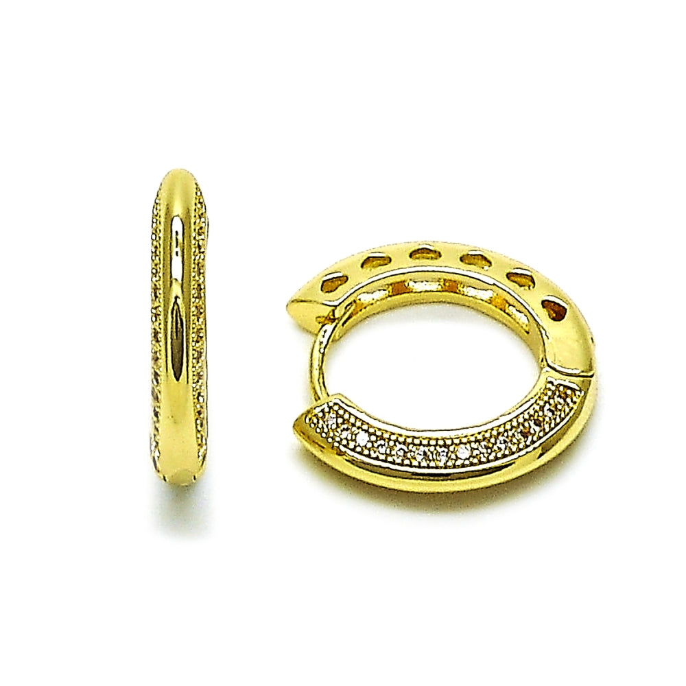 Oro Laminado Huggie Hoop, Gold Filled Style Heart Design, with White Micro Pave, Polished, Golden Finish