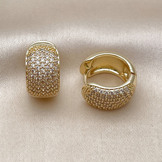 Oro Laminado Huggie Hoop, Gold Filled Style with White Cubic Zirconia, Polished, Golden Finish
