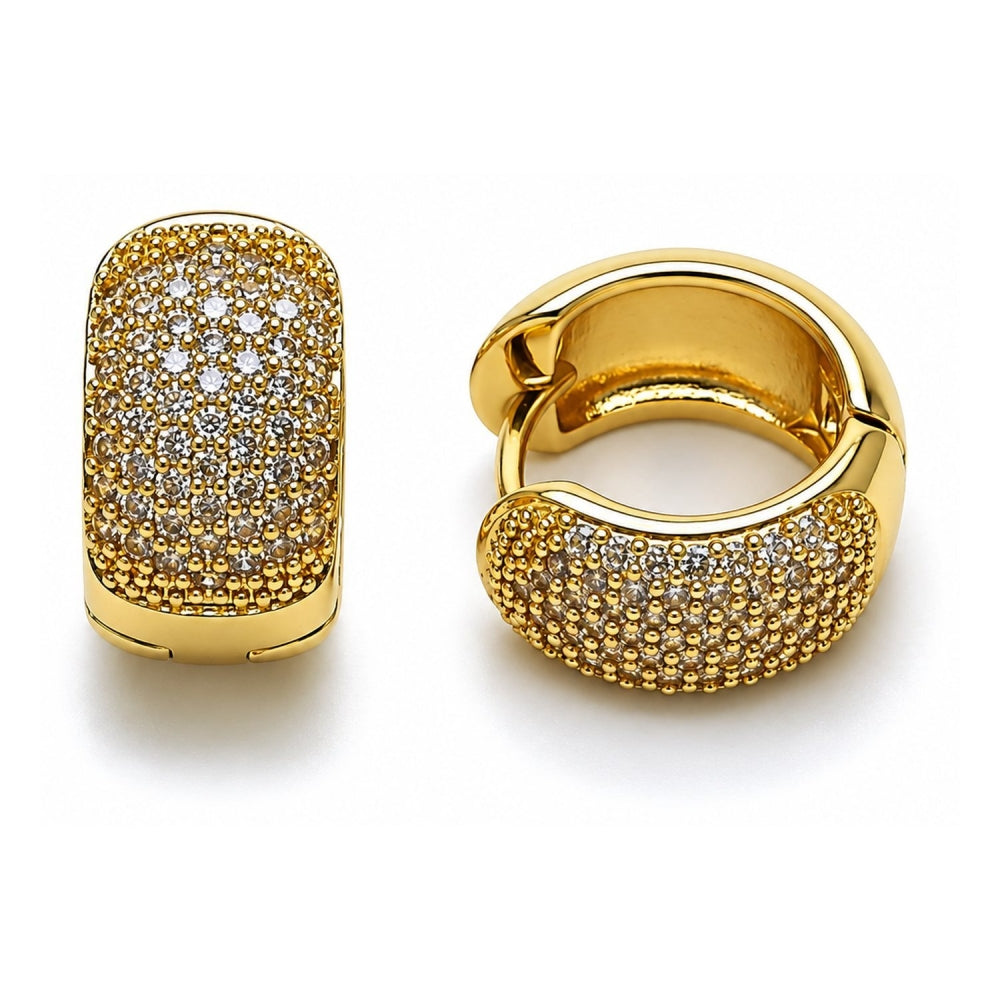 Oro Laminado Huggie Hoop, Gold Filled Style with White Cubic Zirconia, Polished, Golden Finish