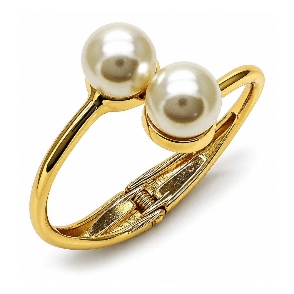 Oro Laminado Individual Bangle, Gold Filled Style Ball Design, with Ivory Pearl, Polished, Golden Finish