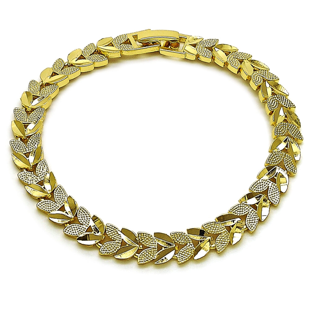 Oro Laminado Solid Bracelet, Gold Filled Style Four-leaf Clover Design, Diamond Cutting Finish, Golden Finish