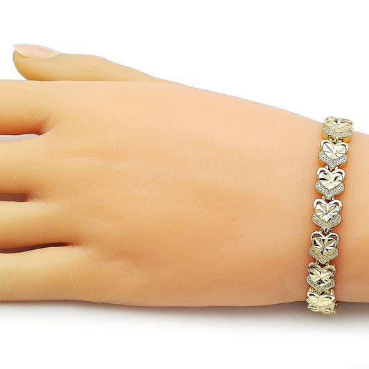 Oro Laminado Solid Bracelet, Gold Filled Style Heart Design, Diamond Cutting Finish, Golden Finish