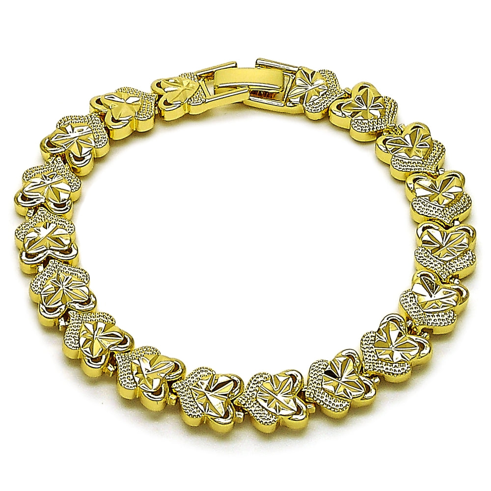 Oro Laminado Solid Bracelet, Gold Filled Style Heart Design, Diamond Cutting Finish, Golden Finish