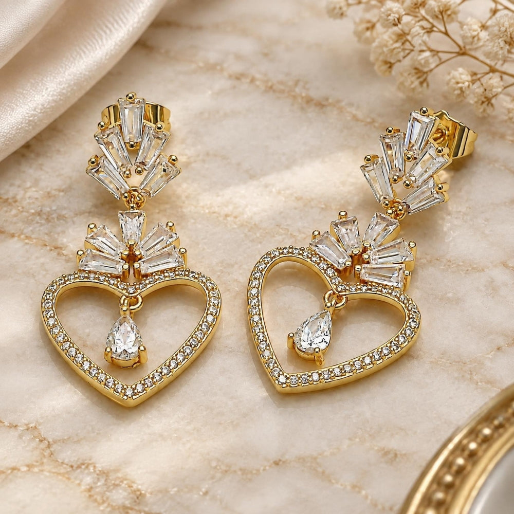 Oro Laminado Long Earring, Gold Filled Style Heart and Baguette Design, with White Cubic Zirconia and White Micro Pave, Polished, Golden Finish