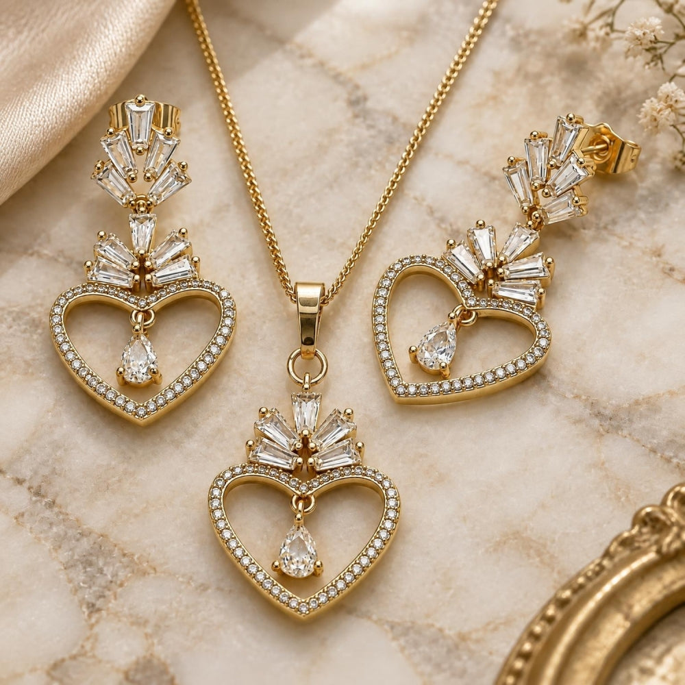Oro Laminado Earring and Pendant Adult Set, Gold Filled Style Heart and Baguette Design, with White Cubic Zirconia and White Micro Pave, Polished, Golden Finish