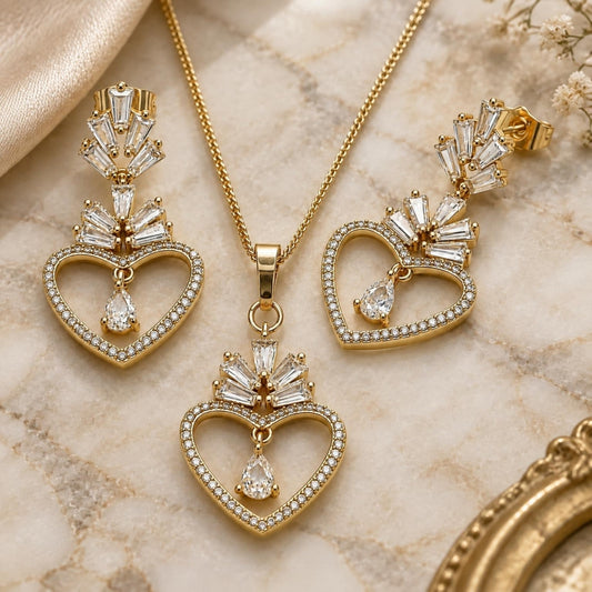 Oro Laminado Earring and Pendant Adult Set, Gold Filled Style Heart and Baguette Design, with White Cubic Zirconia and White Micro Pave, Polished, Golden Finish