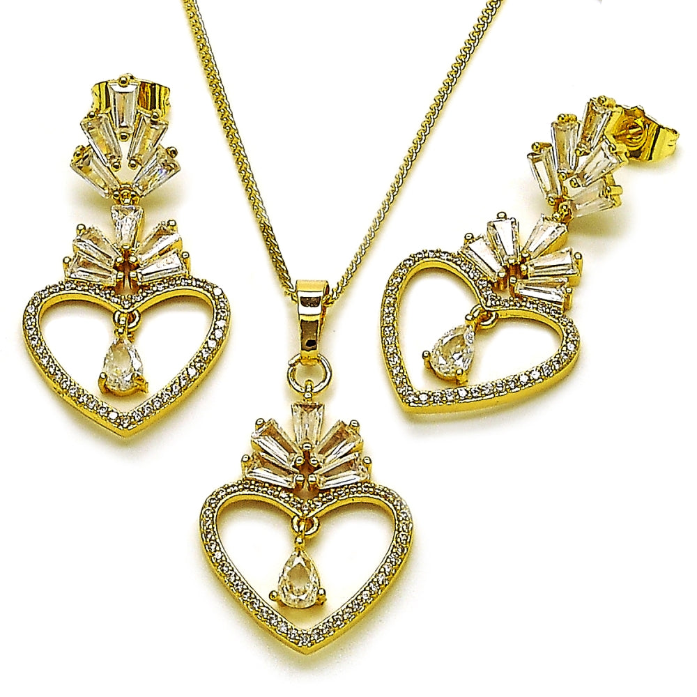 Oro Laminado Earring and Pendant Adult Set, Gold Filled Style Heart and Baguette Design, with White Cubic Zirconia and White Micro Pave, Polished, Golden Finish