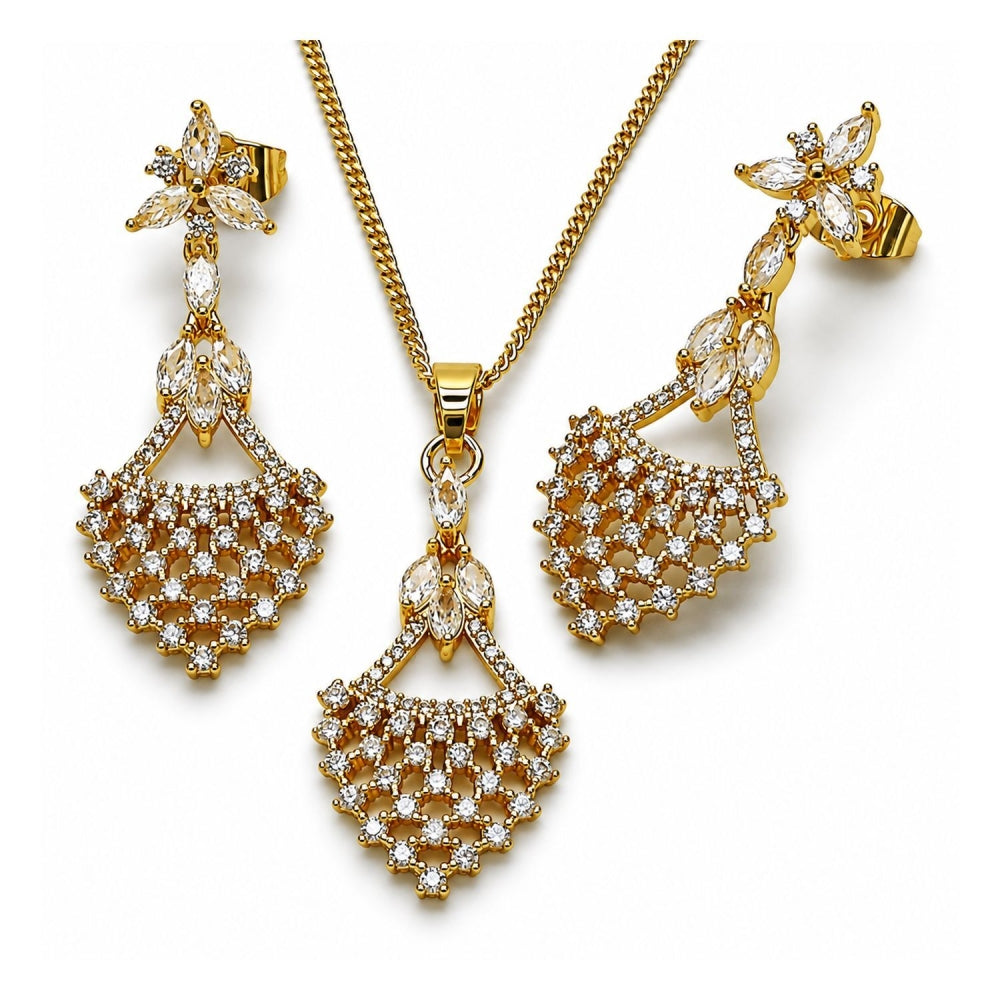 Oro Laminado Earring and Pendant Adult Set, Gold Filled Style with White Cubic Zirconia, Polished, Golden Finish