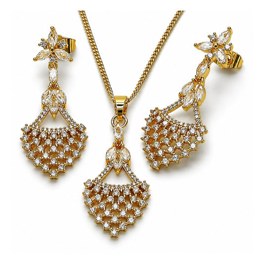 Oro Laminado Earring and Pendant Adult Set, Gold Filled Style with White Cubic Zirconia, Polished, Golden Finish