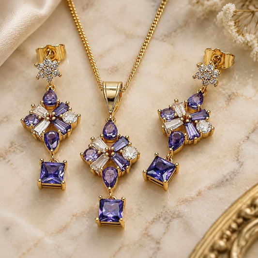 Oro Laminado Earring and Pendant Adult Set, Gold Filled Style Flower Design, with Amethyst Cubic Zirconia, Polished, Golden Finish