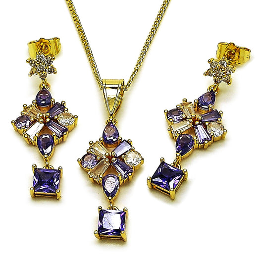 Oro Laminado Earring and Pendant Adult Set, Gold Filled Style Flower Design, with Amethyst Cubic Zirconia, Polished, Golden Finish
