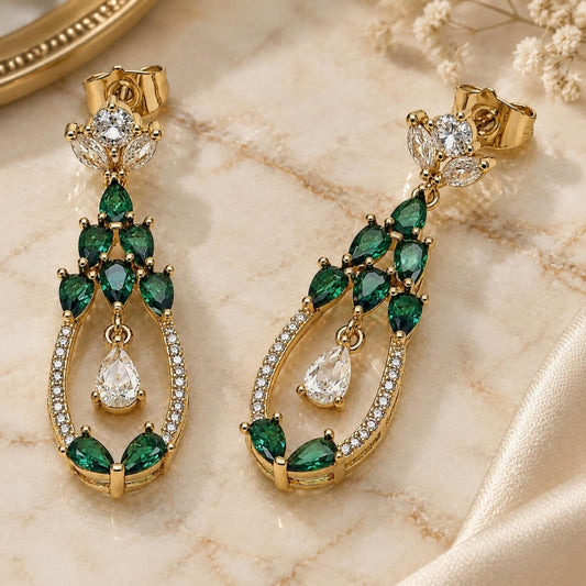Oro Laminado Long Earring, Gold Filled Style Teardrop Design, with Green and White Cubic Zirconia, Polished, Golden Finish