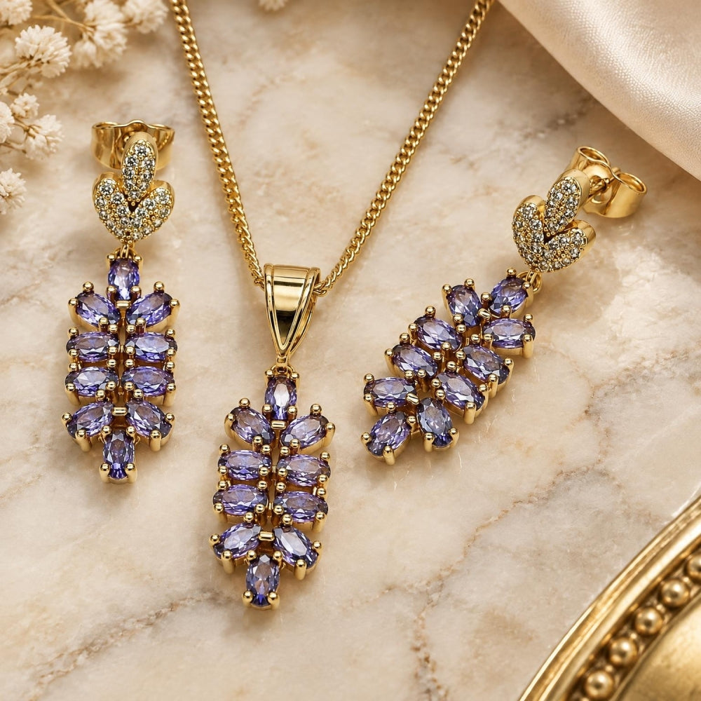 Oro Laminado Earring and Pendant Adult Set, Gold Filled Style Leaf Design, with White Micro Pave and Amethyst Cubic Zirconia, Polished, Golden Finish