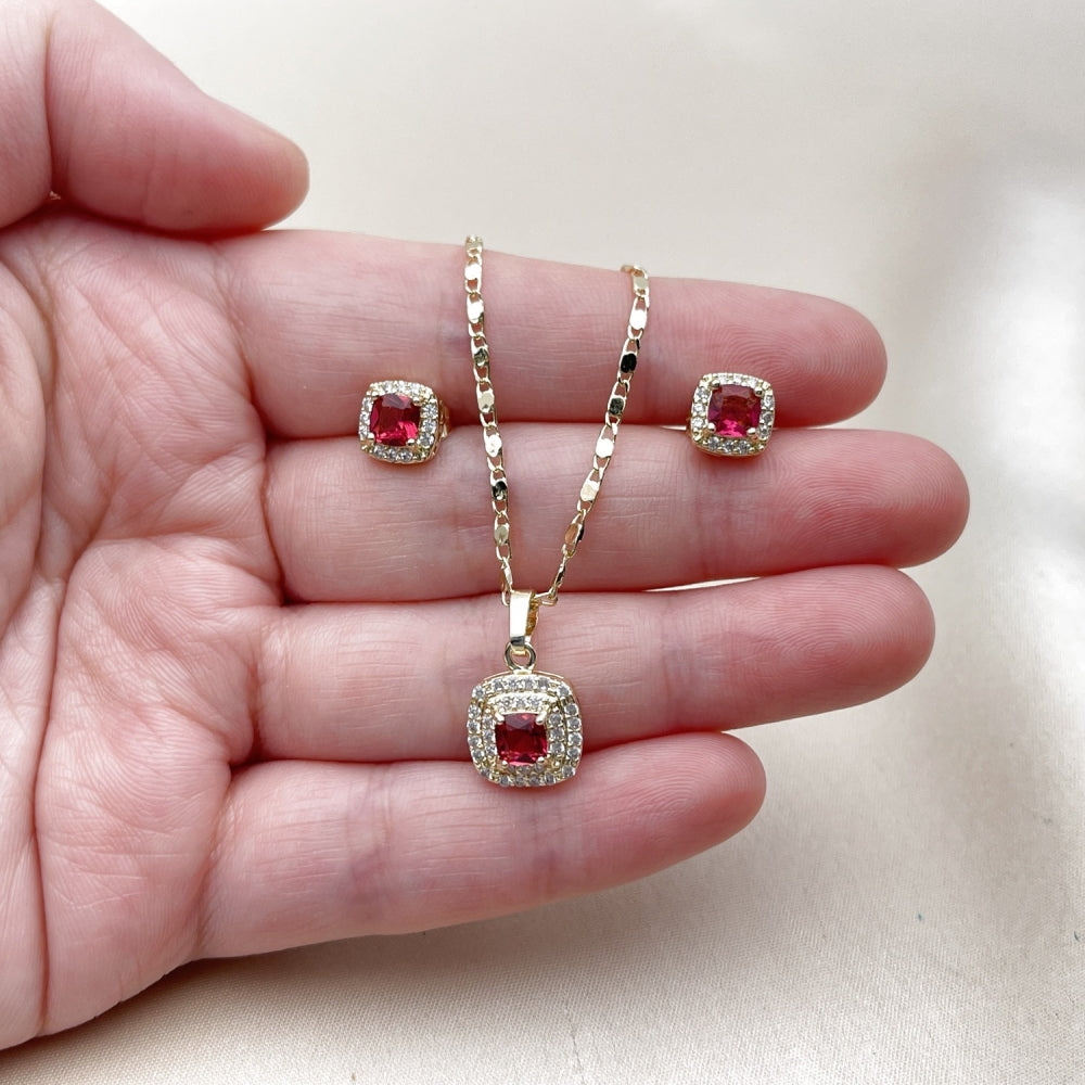 Oro Laminado Earring and Pendant Adult Set, Gold Filled Style Cluster Design, with White Micro Pave and Ruby Cubic Zirconia, Polished, Golden Finish