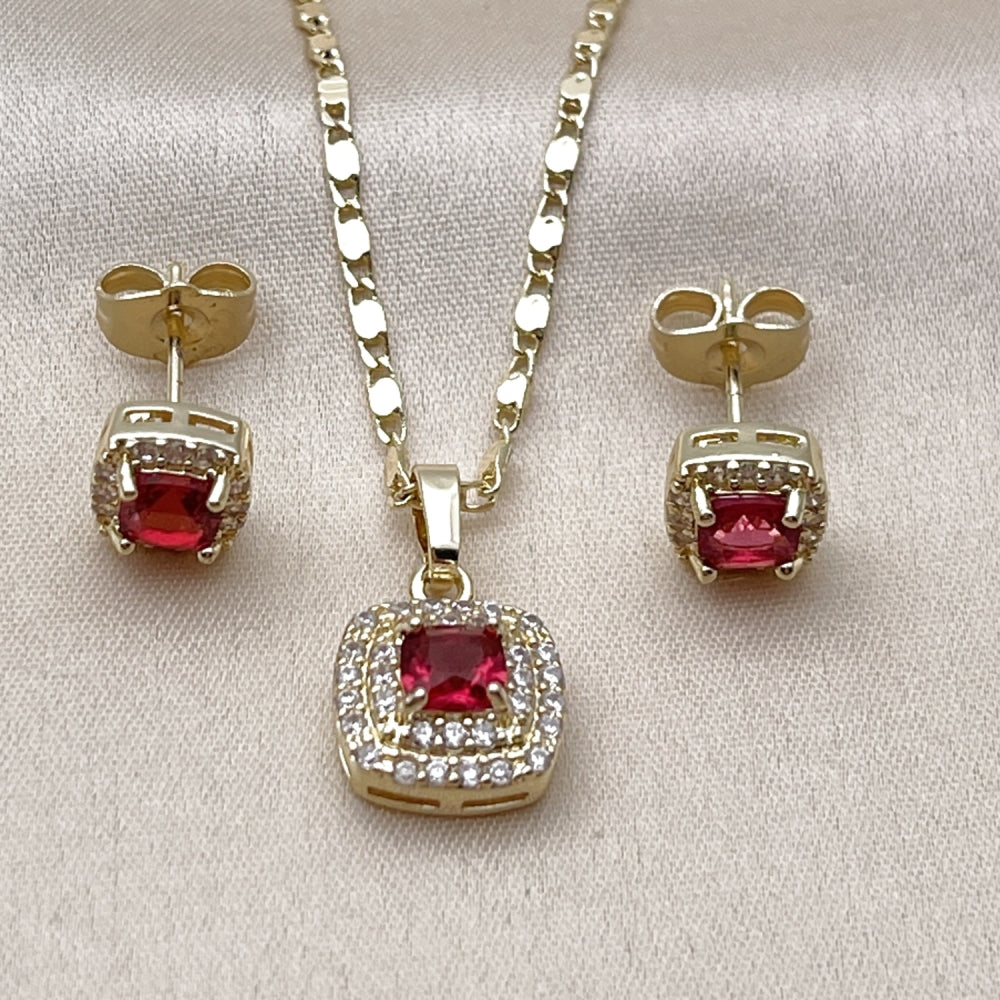 Oro Laminado Earring and Pendant Adult Set, Gold Filled Style Cluster Design, with White Micro Pave and Ruby Cubic Zirconia, Polished, Golden Finish