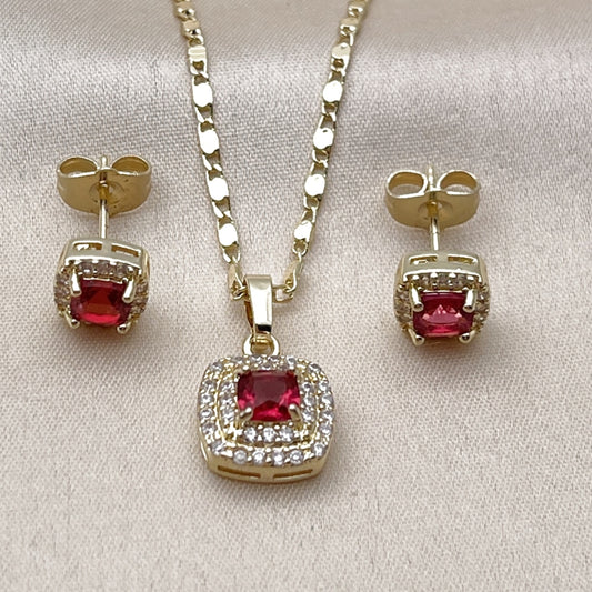 Oro Laminado Earring and Pendant Adult Set, Gold Filled Style Cluster Design, with White Micro Pave and Ruby Cubic Zirconia, Polished, Golden Finish