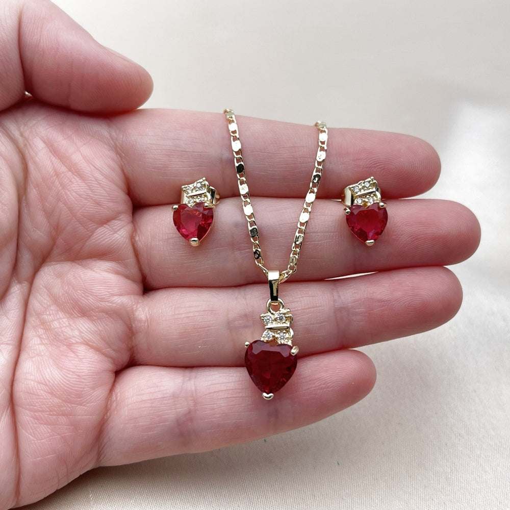 Oro Laminado Earring and Pendant Adult Set, Gold Filled Style Heart and Butterfly Design, with Ruby and White Cubic Zirconia, Polished, Golden Finish