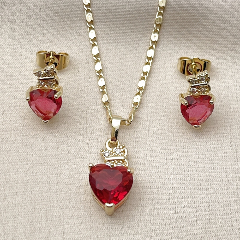 Oro Laminado Earring and Pendant Adult Set, Gold Filled Style Heart and Butterfly Design, with Ruby and White Cubic Zirconia, Polished, Golden Finish