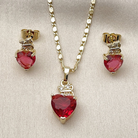 Oro Laminado Earring and Pendant Adult Set, Gold Filled Style Heart and Butterfly Design, with Ruby and White Cubic Zirconia, Polished, Golden Finish
