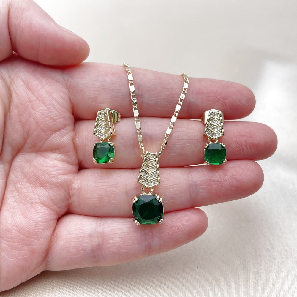 Oro Laminado Earring and Pendant Adult Set, Gold Filled Style with White Micro Pave and Green Cubic Zirconia, Polished, Golden Finish