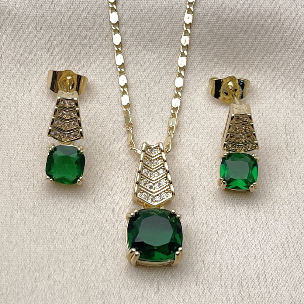 Oro Laminado Earring and Pendant Adult Set, Gold Filled Style with White Micro Pave and Green Cubic Zirconia, Polished, Golden Finish