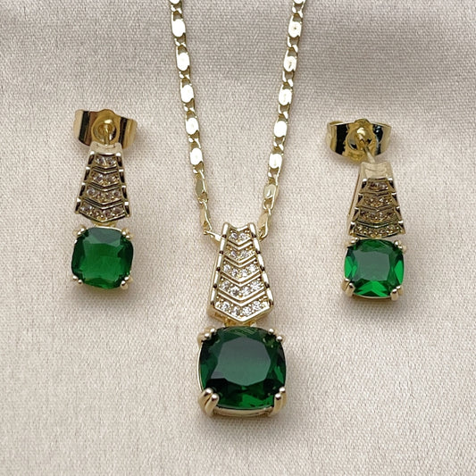 Oro Laminado Earring and Pendant Adult Set, Gold Filled Style with White Micro Pave and Green Cubic Zirconia, Polished, Golden Finish