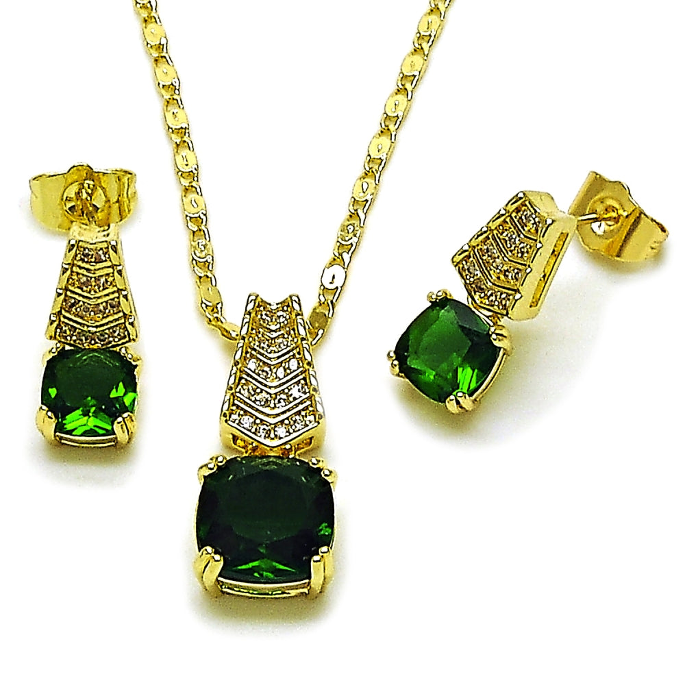 Oro Laminado Earring and Pendant Adult Set, Gold Filled Style with White Micro Pave and Green Cubic Zirconia, Polished, Golden Finish