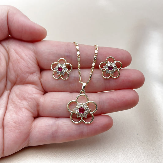 Oro Laminado Earring and Pendant Adult Set, Gold Filled Style Flower Design, with White and Ruby Cubic Zirconia, Polished, Golden Finish