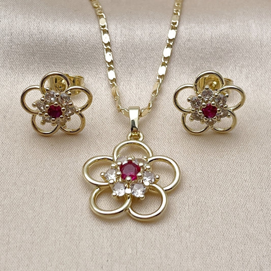 Oro Laminado Earring and Pendant Adult Set, Gold Filled Style Flower Design, with White and Ruby Cubic Zirconia, Polished, Golden Finish