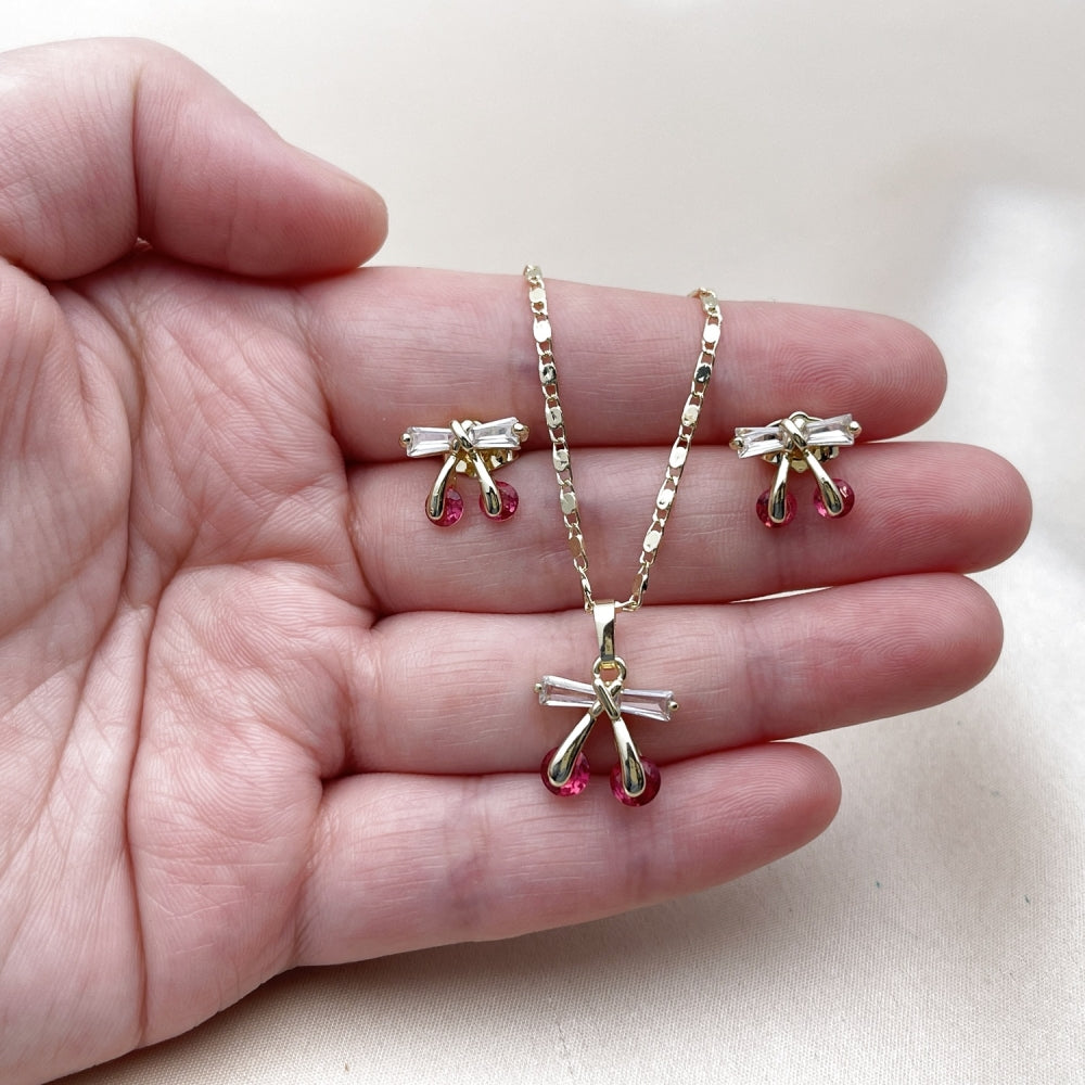 Oro Laminado Earring and Pendant Adult Set, Gold Filled Style Cherry Design, with Ruby and White Cubic Zirconia, Polished, Golden Finish