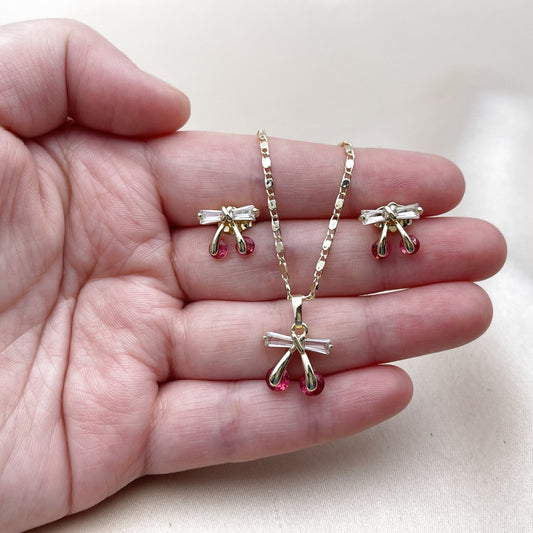 Oro Laminado Earring and Pendant Adult Set, Gold Filled Style Cherry Design, with Ruby and White Cubic Zirconia, Polished, Golden Finish
