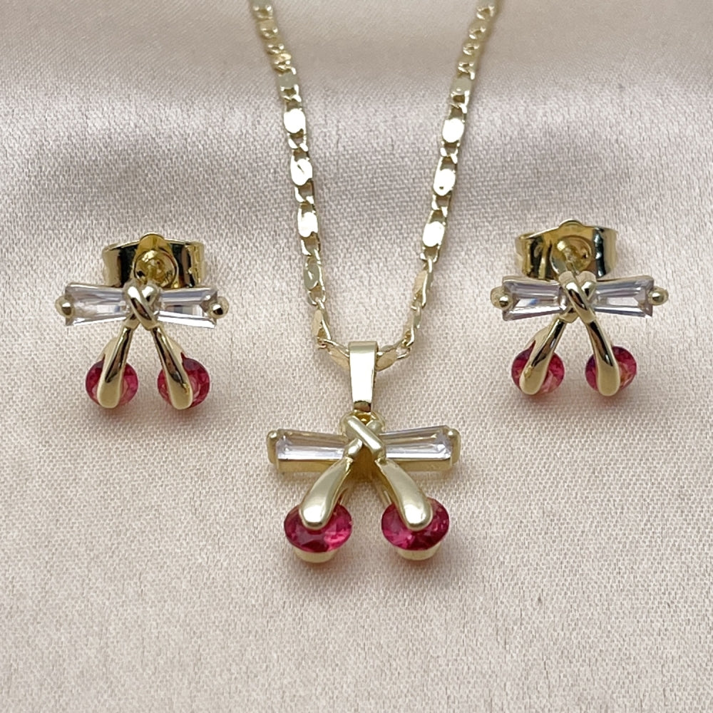 Oro Laminado Earring and Pendant Adult Set, Gold Filled Style Cherry Design, with Ruby and White Cubic Zirconia, Polished, Golden Finish