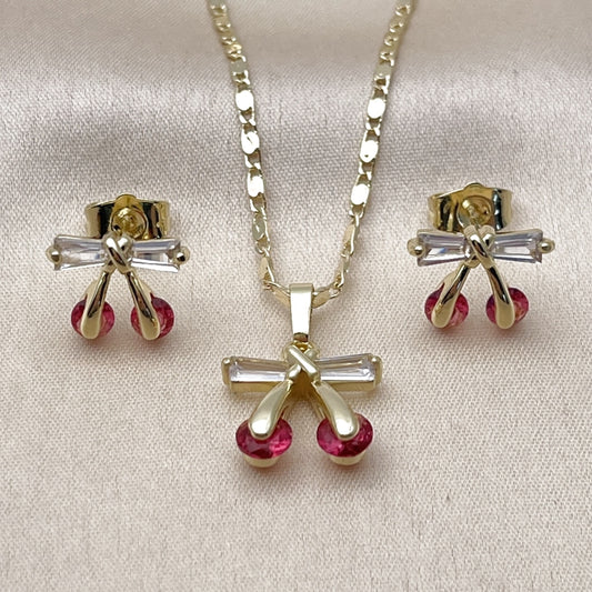 Oro Laminado Earring and Pendant Adult Set, Gold Filled Style Cherry Design, with Ruby and White Cubic Zirconia, Polished, Golden Finish