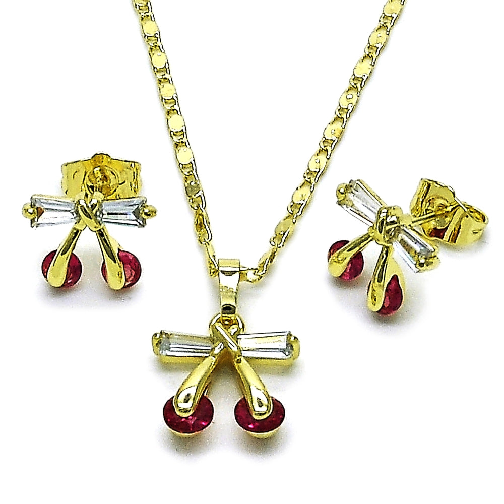 Oro Laminado Earring and Pendant Adult Set, Gold Filled Style Cherry Design, with Ruby and White Cubic Zirconia, Polished, Golden Finish
