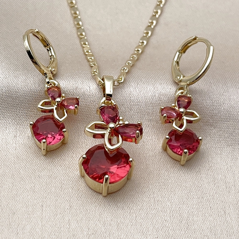 Oro Laminado Earring and Pendant Adult Set, Gold Filled Style Butterfly Design, with Ruby Cubic Zirconia, Polished, Golden Finish