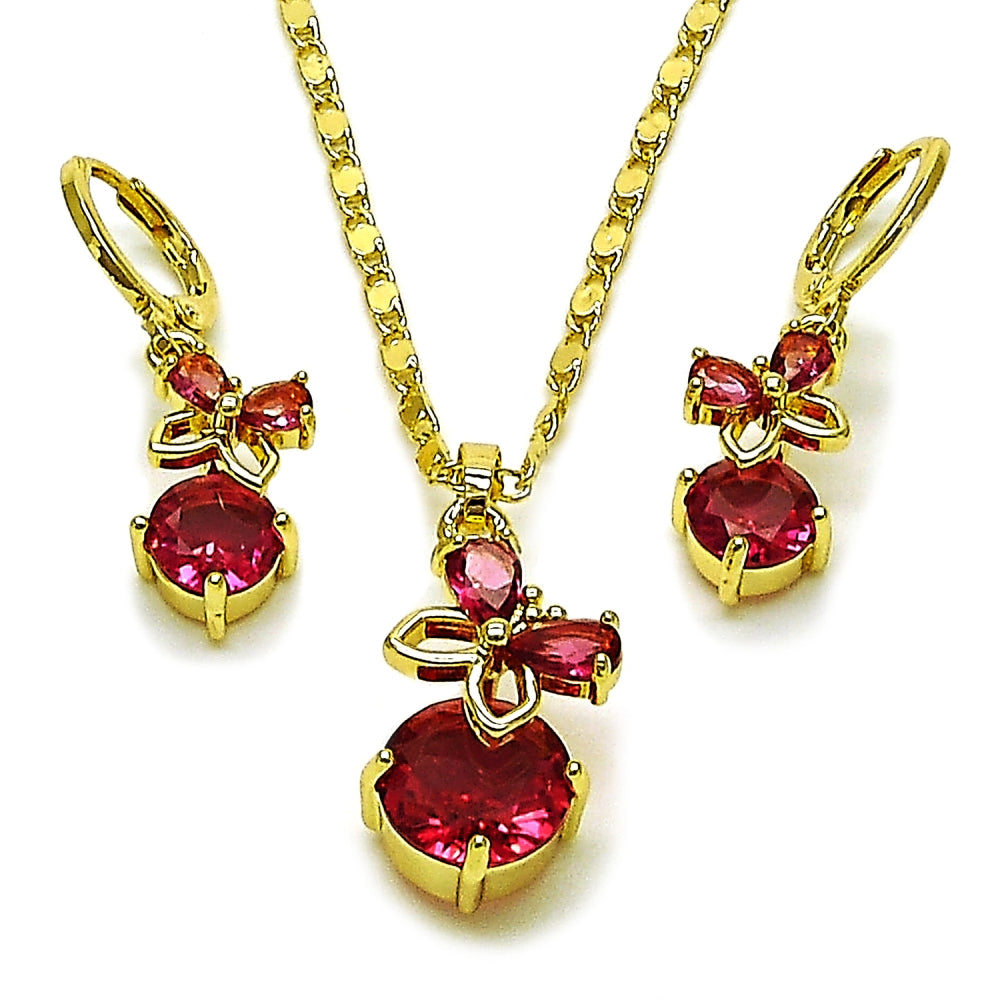 Oro Laminado Earring and Pendant Adult Set, Gold Filled Style Butterfly Design, with Ruby Cubic Zirconia, Polished, Golden Finish