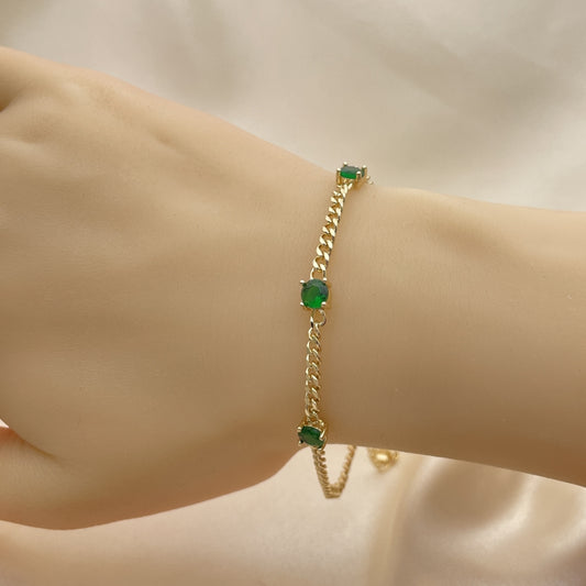 7" Adjustable Cuban Bracelet w/ Emerald Green Round Stones -Handmade - Gold Filled Bracelets -  03.213.0161.07