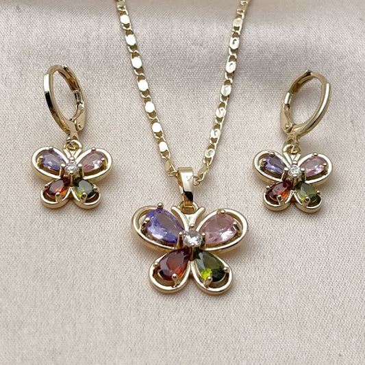 Oro Laminado Earring and Pendant Adult Set, Gold Filled Style Butterfly Design, with Multicolor and White Cubic Zirconia, Polished, Golden Finish