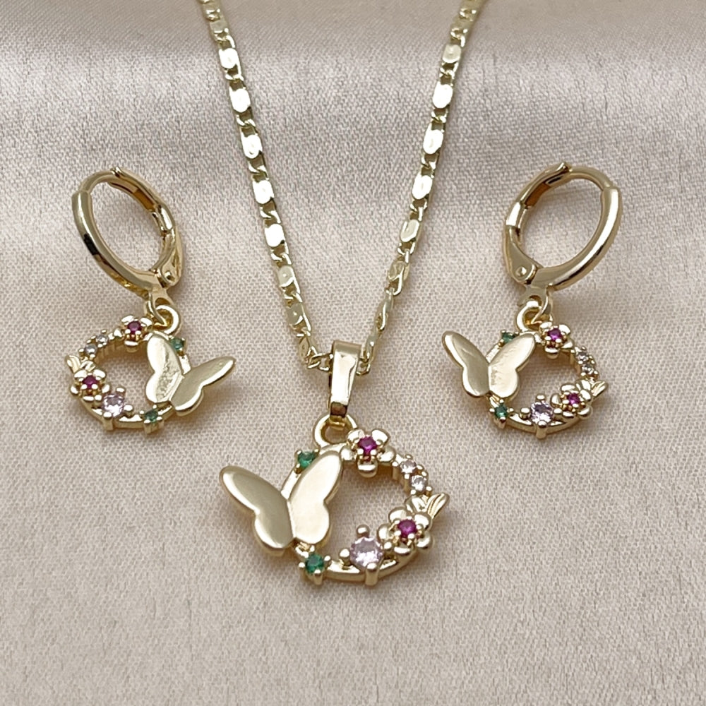 Oro Laminado Earring and Pendant Adult Set, Gold Filled Style Butterfly and Flower Design, with Multicolor Cubic Zirconia, Polished, Golden Finish