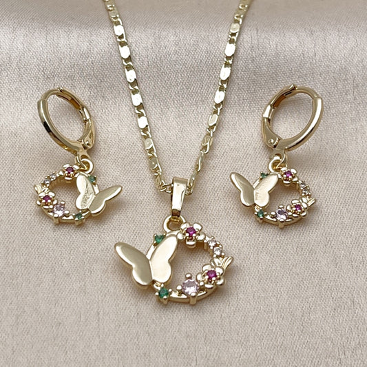Oro Laminado Earring and Pendant Adult Set, Gold Filled Style Butterfly and Flower Design, with Multicolor Cubic Zirconia, Polished, Golden Finish