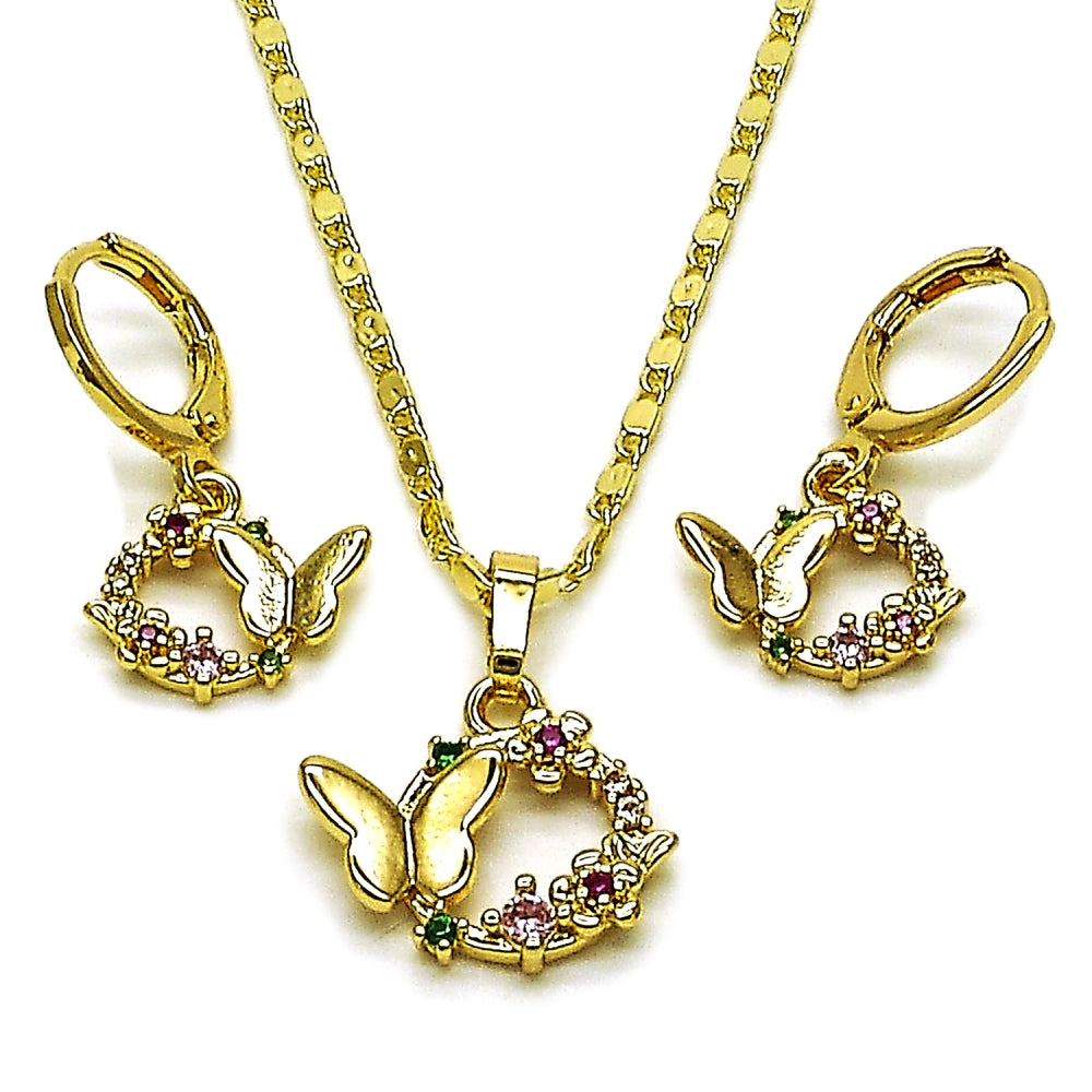 Oro Laminado Earring and Pendant Adult Set, Gold Filled Style Butterfly and Flower Design, with Multicolor Cubic Zirconia, Polished, Golden Finish