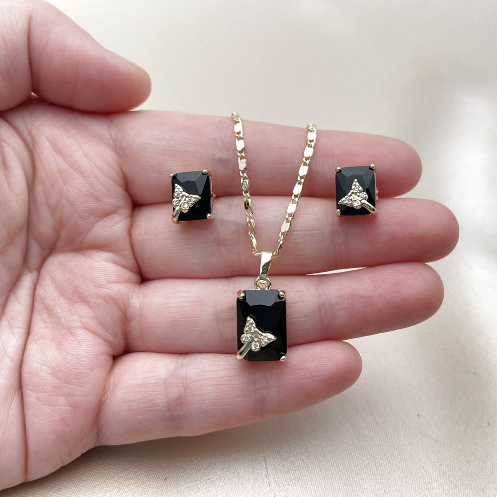 Oro Laminado Earring and Pendant Adult Set, Gold Filled Style Heart Design, with Black Cubic Zirconia and White Micro Pave, Polished, Golden Finish
