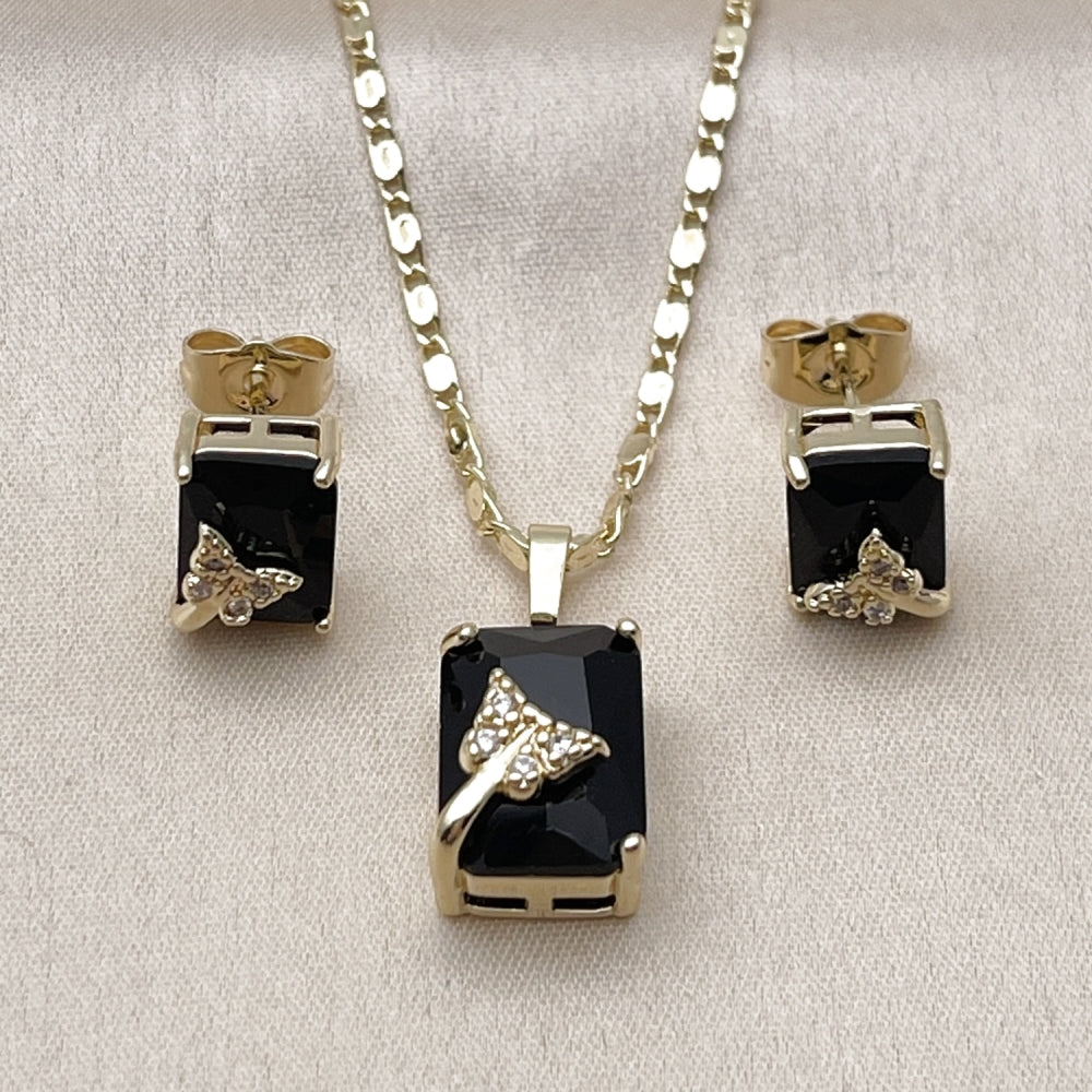 Oro Laminado Earring and Pendant Adult Set, Gold Filled Style Heart Design, with Black Cubic Zirconia and White Micro Pave, Polished, Golden Finish