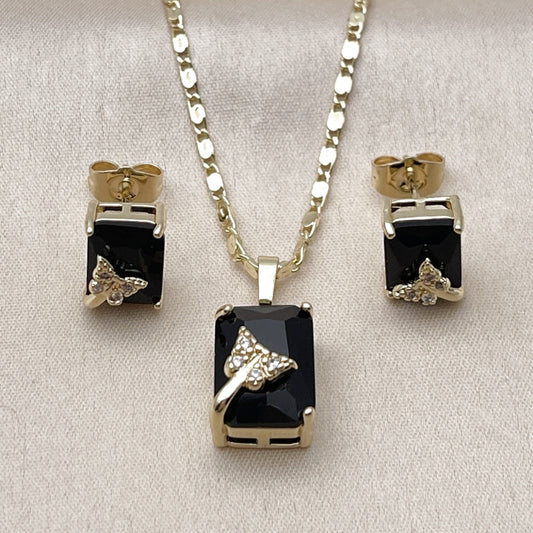Oro Laminado Earring and Pendant Adult Set, Gold Filled Style Heart Design, with Black Cubic Zirconia and White Micro Pave, Polished, Golden Finish
