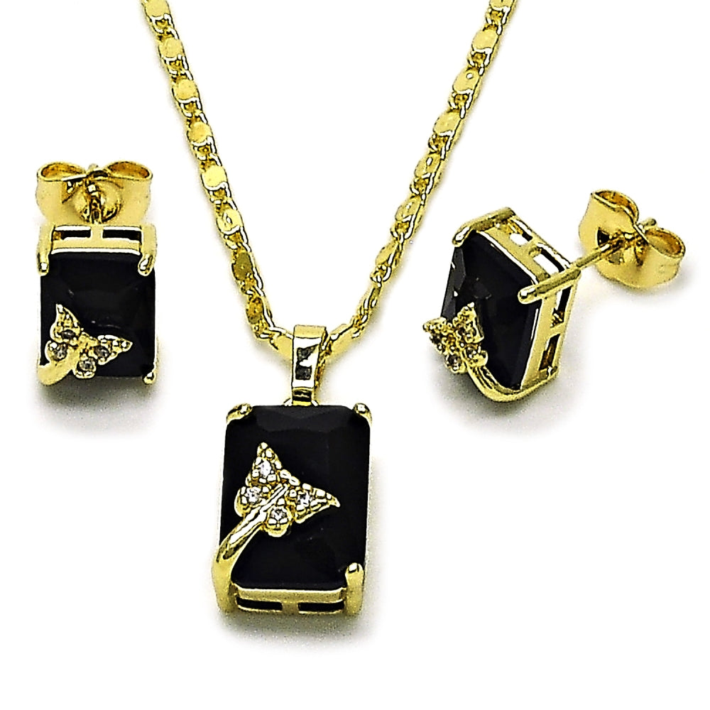 Oro Laminado Earring and Pendant Adult Set, Gold Filled Style Heart Design, with Black Cubic Zirconia and White Micro Pave, Polished, Golden Finish