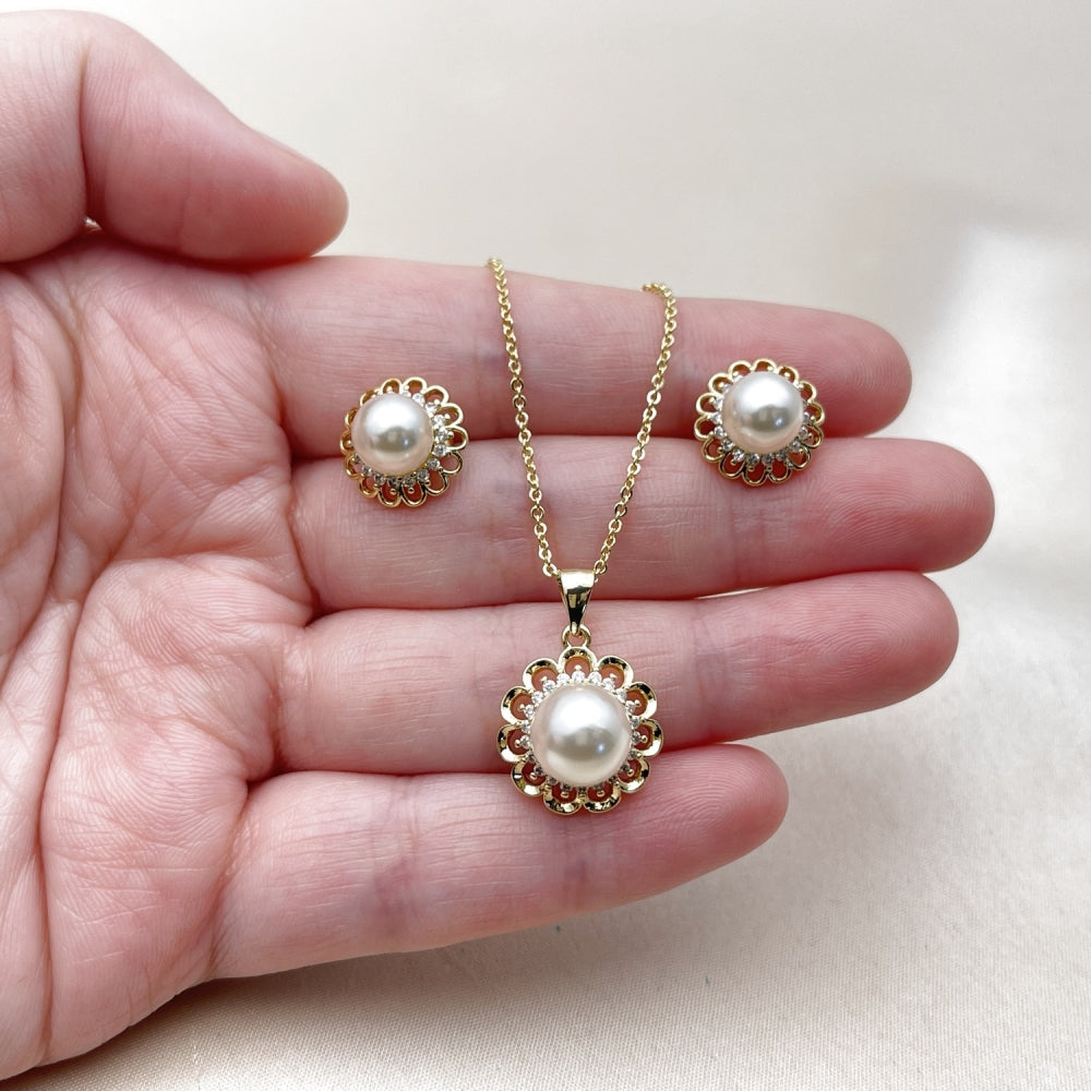 Oro Laminado Earring and Pendant Adult Set, Gold Filled Style Flower and Cluster Design, with Ivory Pearl and White Cubic Zirconia, Polished, Golden Finish