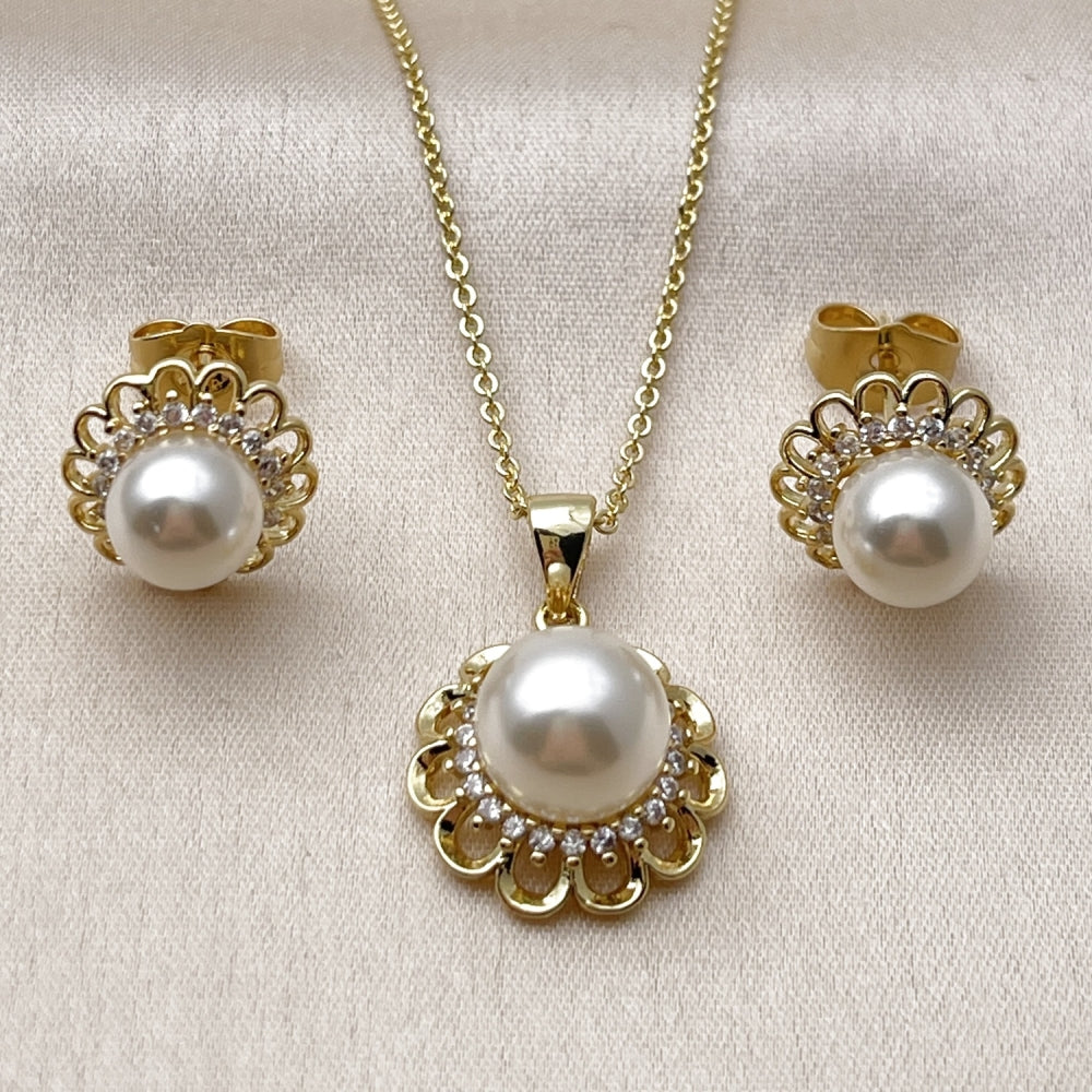 Oro Laminado Earring and Pendant Adult Set, Gold Filled Style Flower and Cluster Design, with Ivory Pearl and White Cubic Zirconia, Polished, Golden Finish