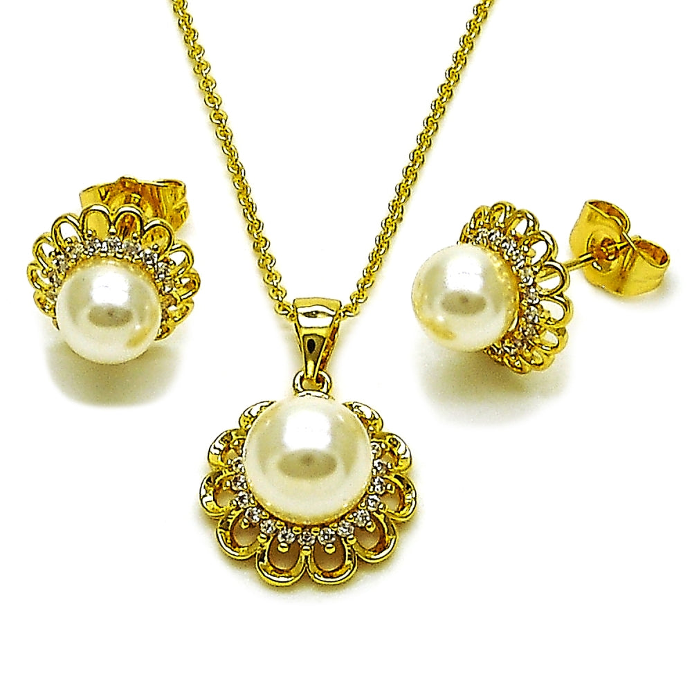 Oro Laminado Earring and Pendant Adult Set, Gold Filled Style Flower and Cluster Design, with Ivory Pearl and White Cubic Zirconia, Polished, Golden Finish